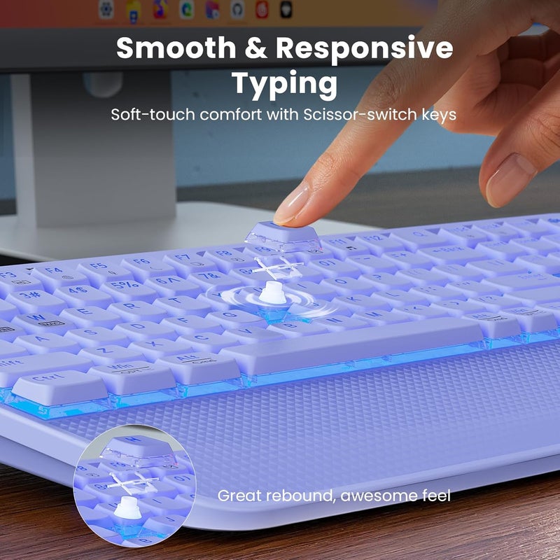 SABLUTE Purple Keyboard and Mouse Wireless Combo, 4000mAh Rechargeable Backlit Quiet Keyboards mice Set, USB Ergonomic Key Board with Wrist Rest & Phone Holder for PC, Mac, Windows, Natural Soft Typing - Image 4